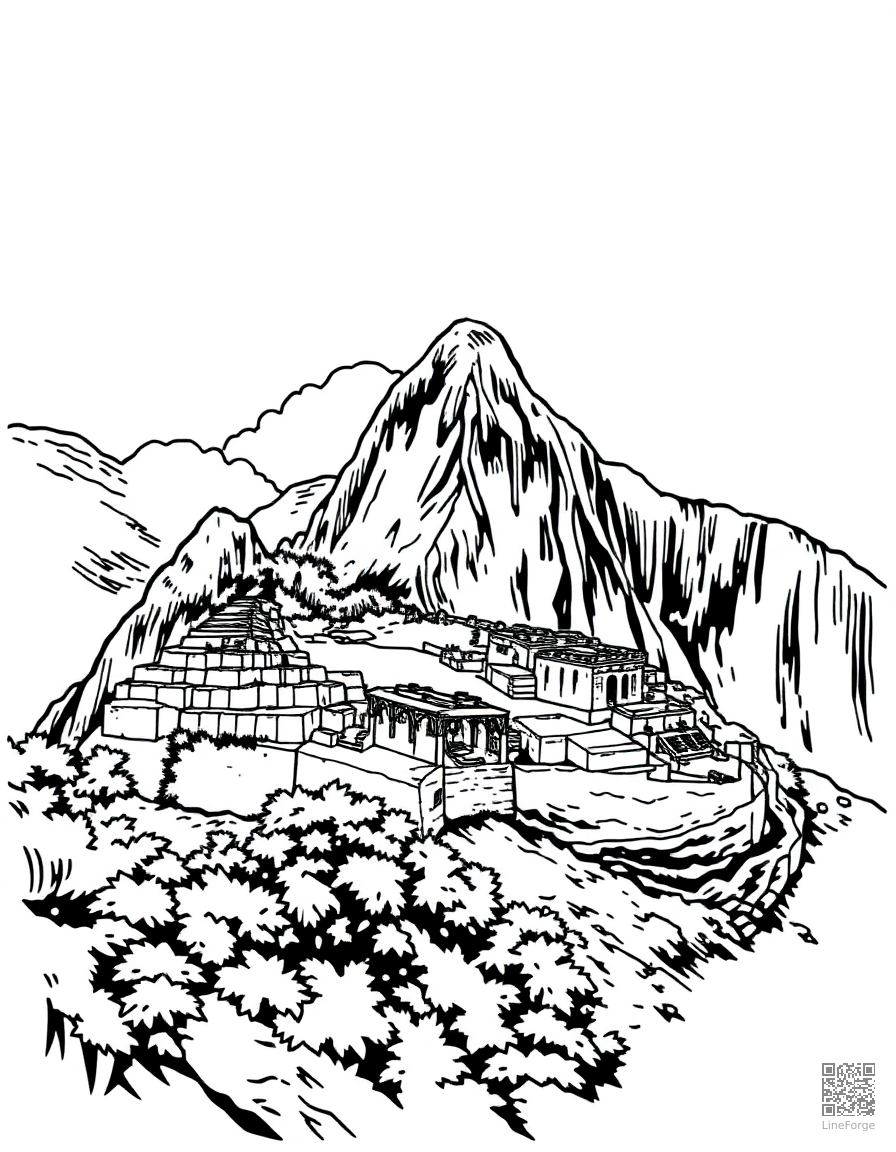 Free machu picchu ancient ruins in the clouds coloring page in woodcut style — printable line art