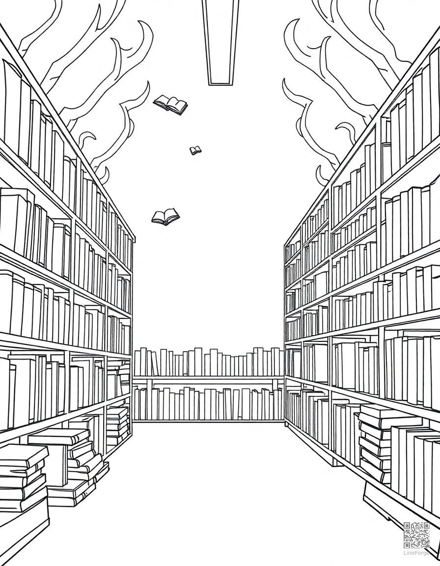 Free magical library with floating books coloring page in contour style — printable line art