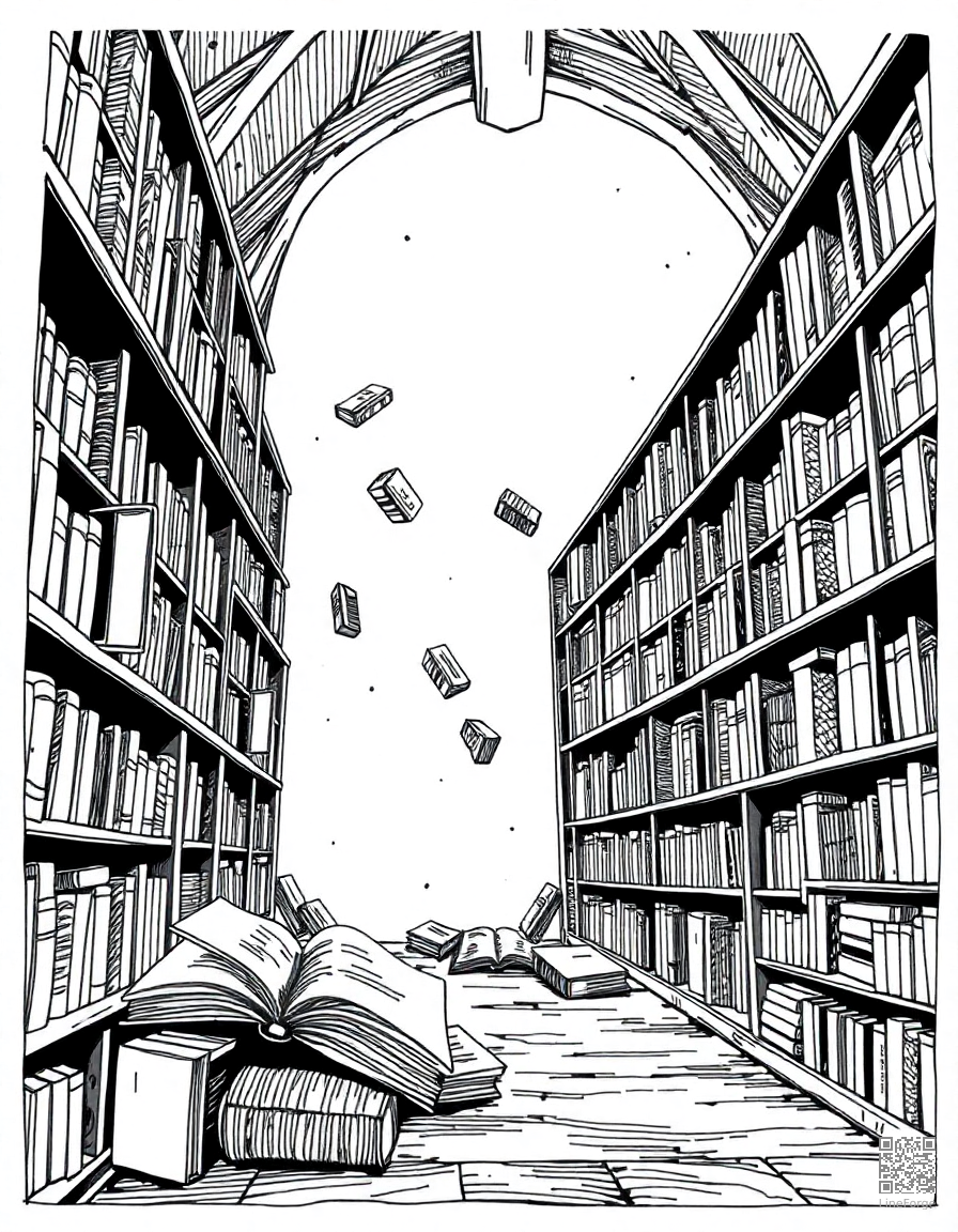 Free magical library with floating books coloring page in crosshatch style — printable line art