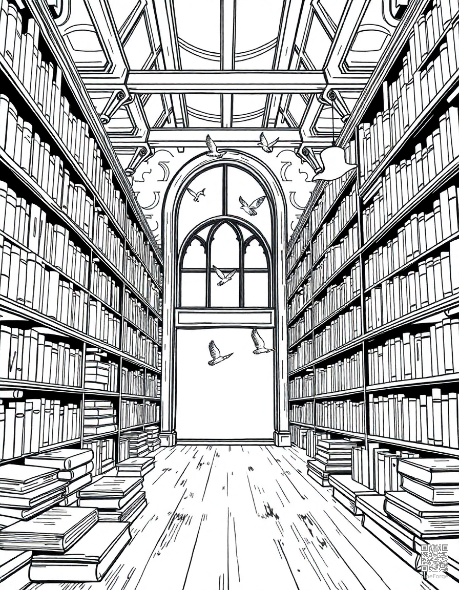 magical library with floating books coloring page Manga style free printable
