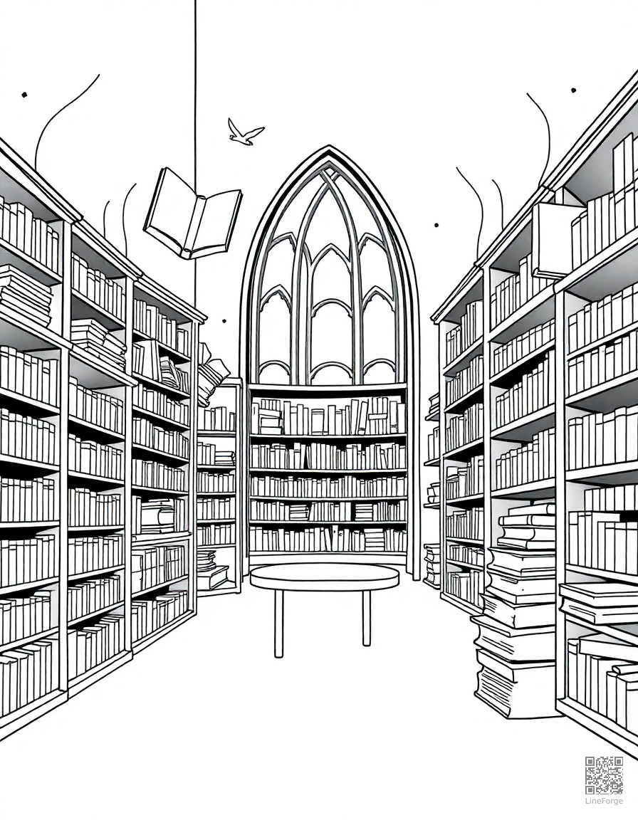 Free magical library with floating books coloring page in minimal style — printable line art