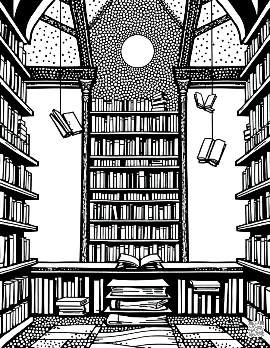 Free magical library with floating books coloring page in stipple style — printable line art