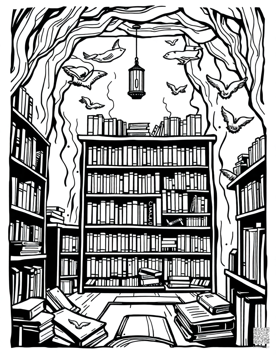 Free magical library with floating books coloring page in woodcut style — printable line art