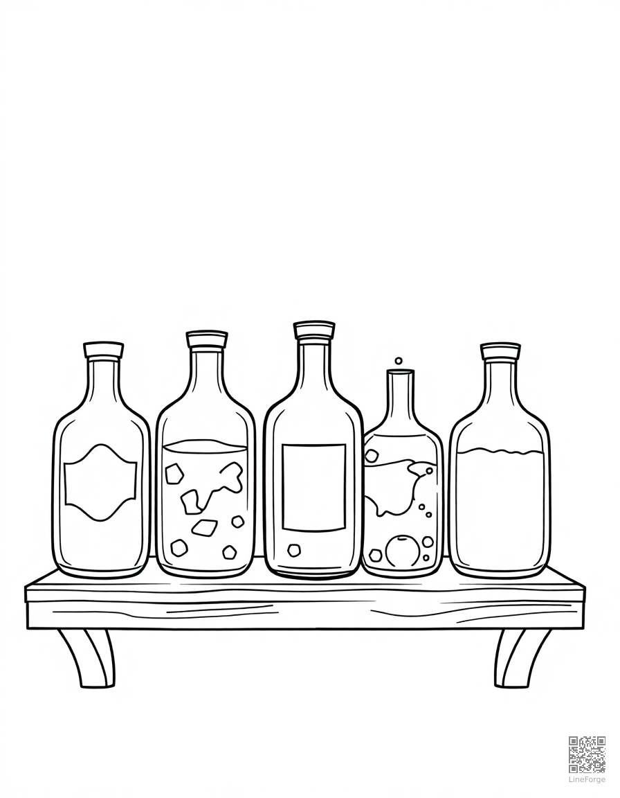 magical potion bottles on a shelf coloring page Contour style - free printable