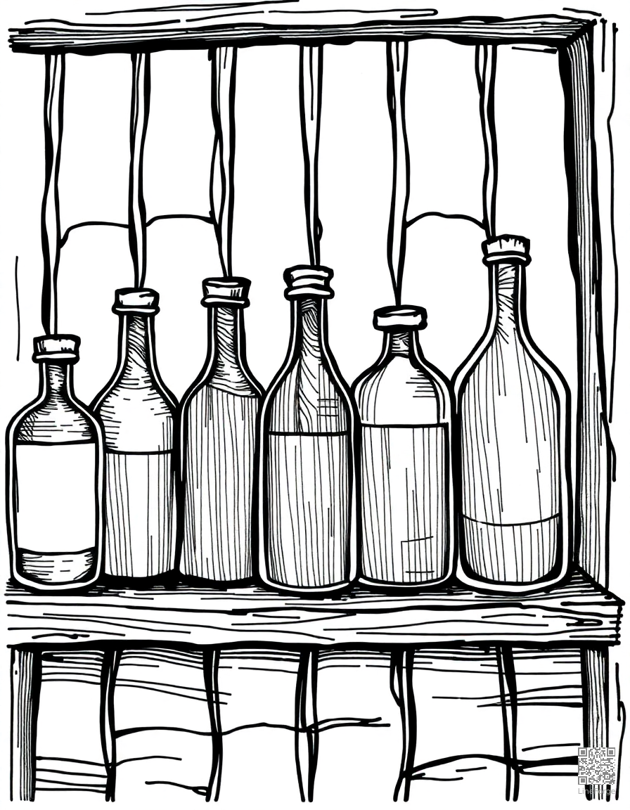 magical potion bottles on a shelf coloring page Crosshatch style - free printable