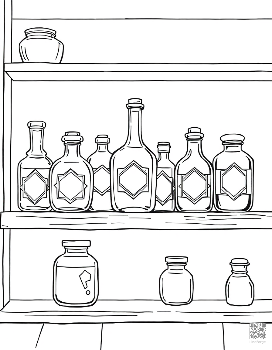 magical potion bottles on a shelf coloring page Manga style - free printable