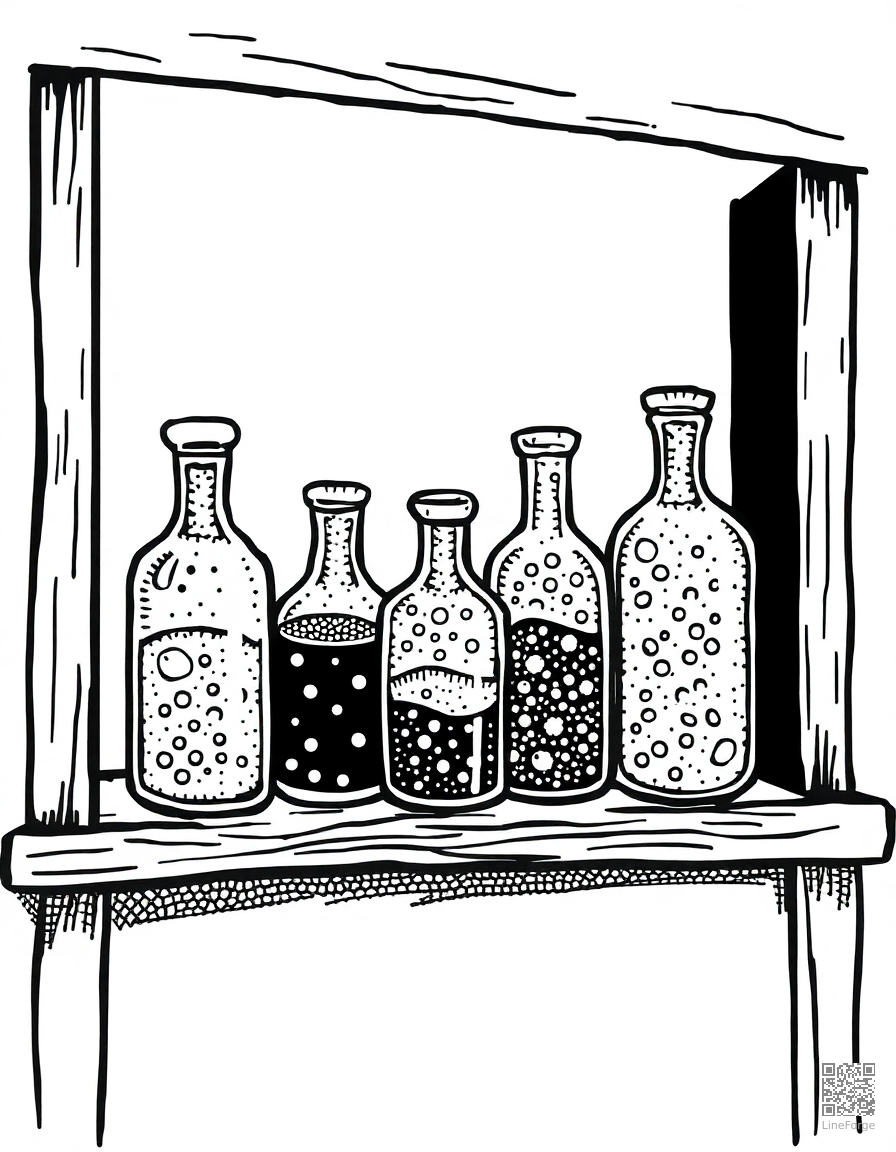 magical potion bottles on a shelf coloring page Stipple style - free printable