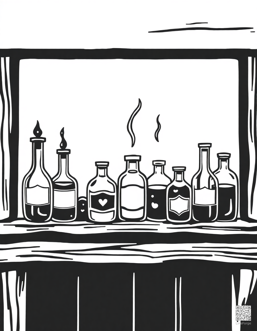 magical potion bottles on a shelf coloring page Woodcut style - free printable