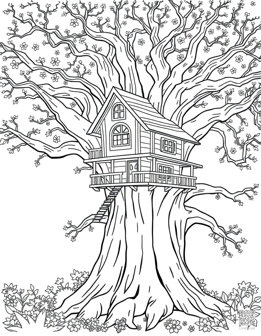magical treehouse in a giant oak tree coloring page Contour style - free printable