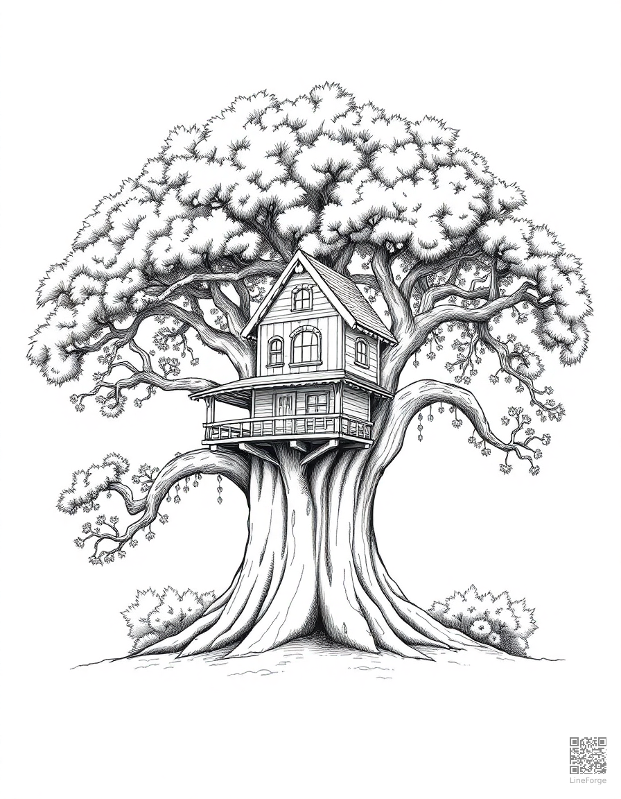 magical treehouse in a giant oak tree coloring page Crosshatch style - free printable