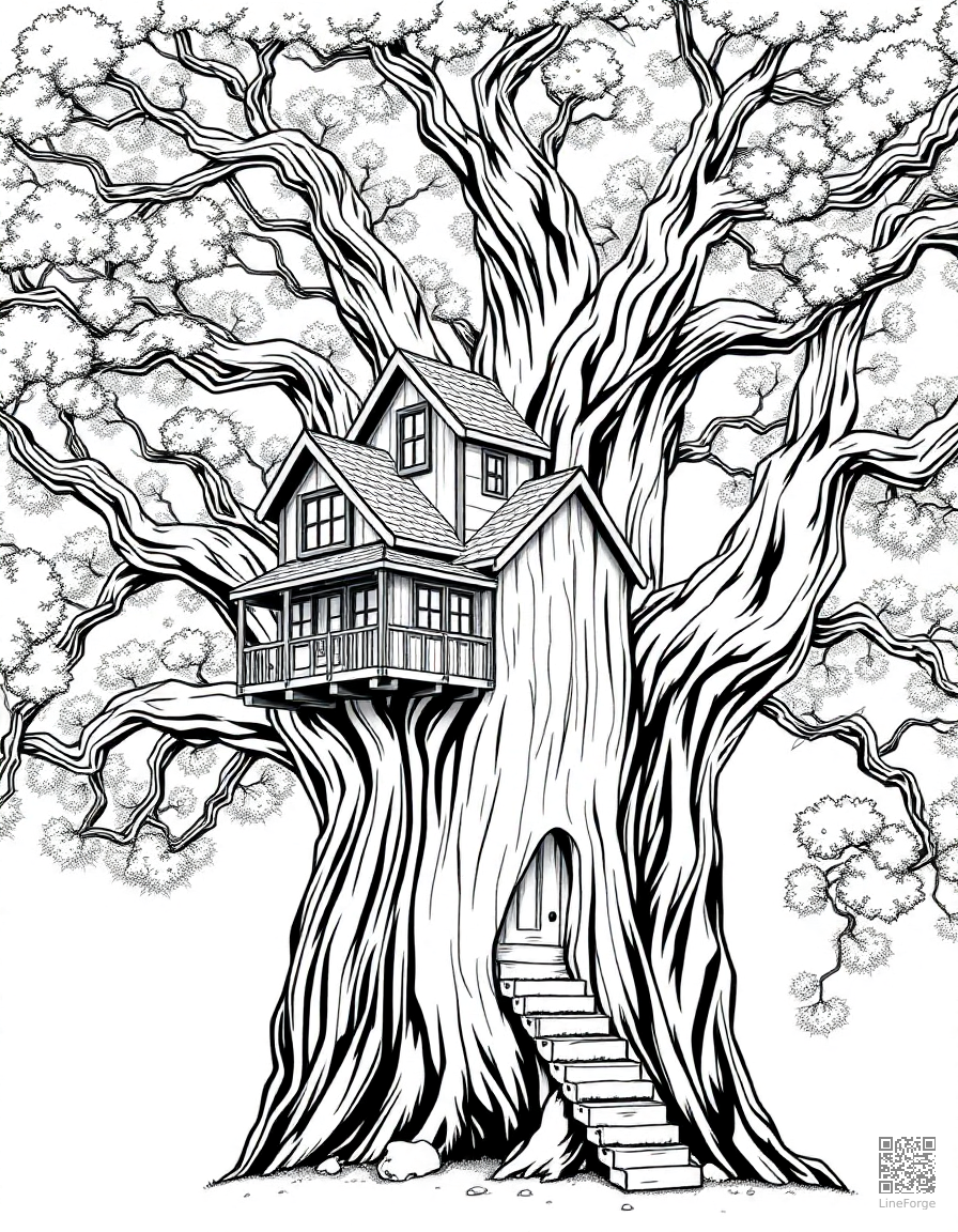 magical treehouse in a giant oak tree coloring page Manga style - free printable