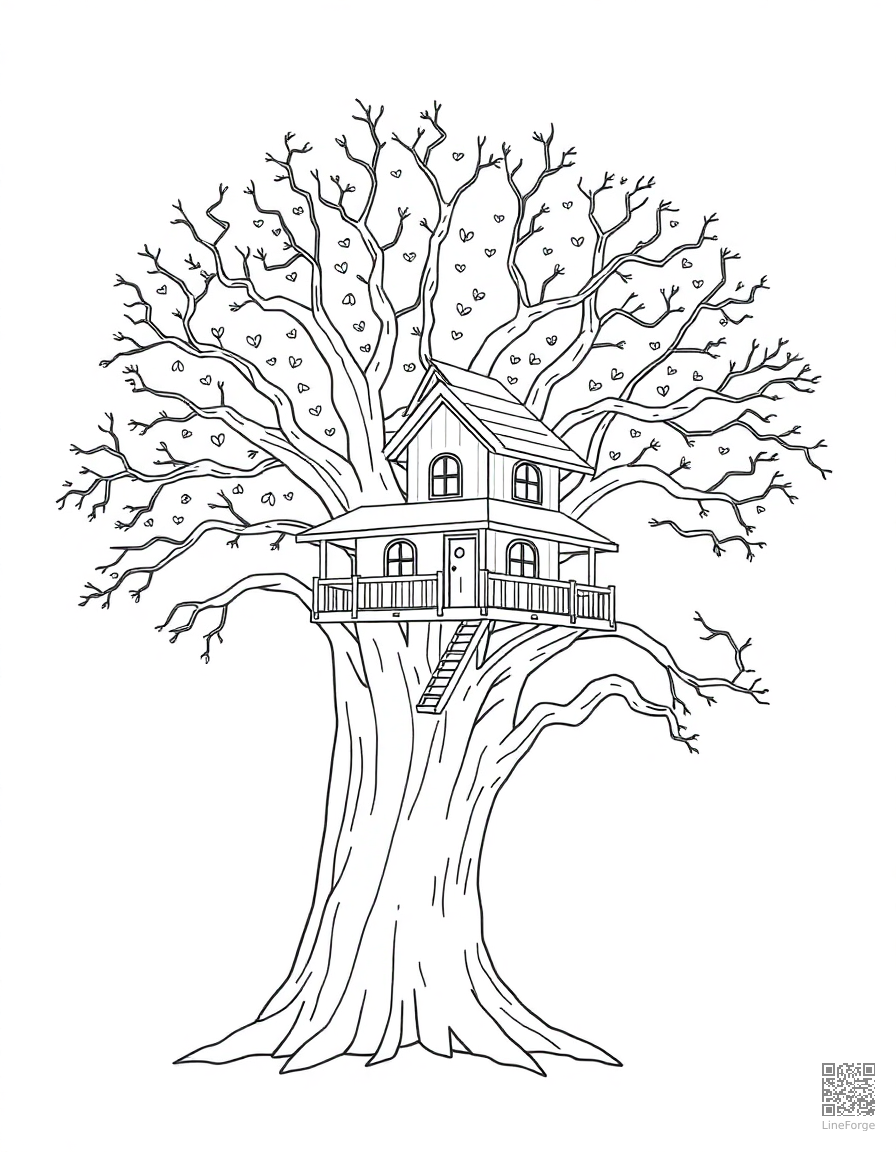magical treehouse in a giant oak tree coloring page Minimal style - free printable