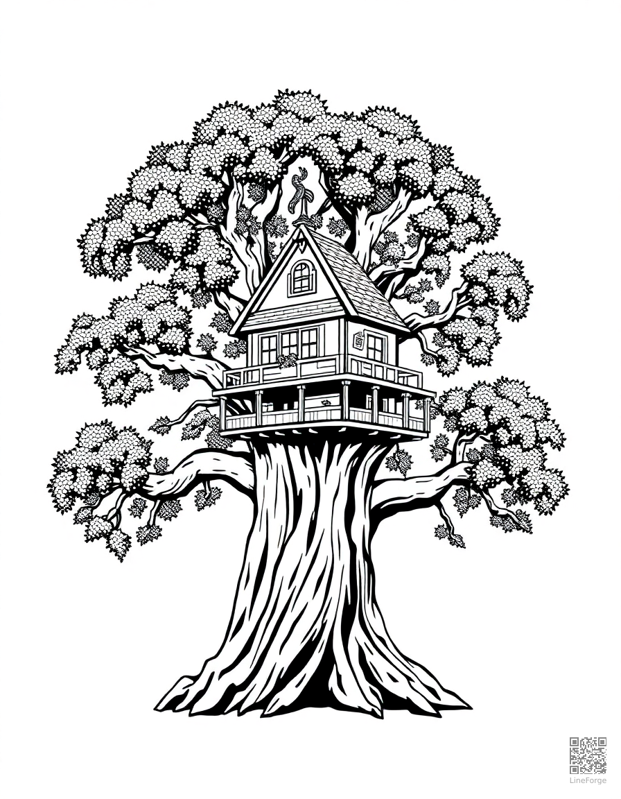 magical treehouse in a giant oak tree coloring page Stipple style - free printable