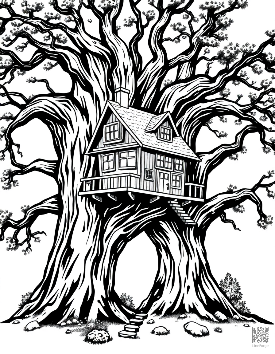 magical treehouse in a giant oak tree coloring page Woodcut style - free printable