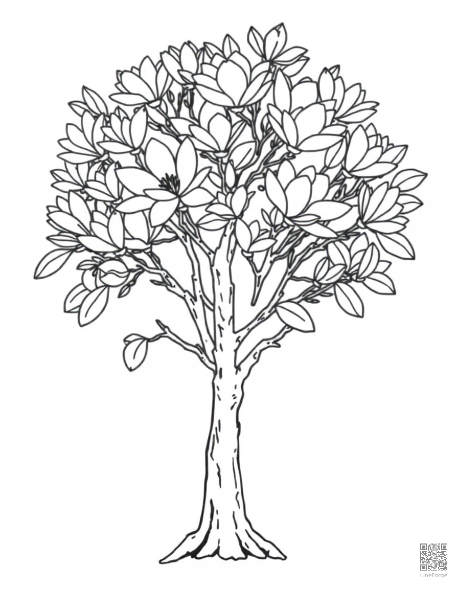 Free magnolia tree in full bloom coloring page in contour style — printable line art