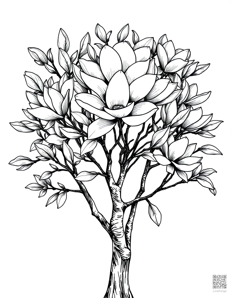 magnolia tree in full bloom coloring page Crosshatch style - free printable