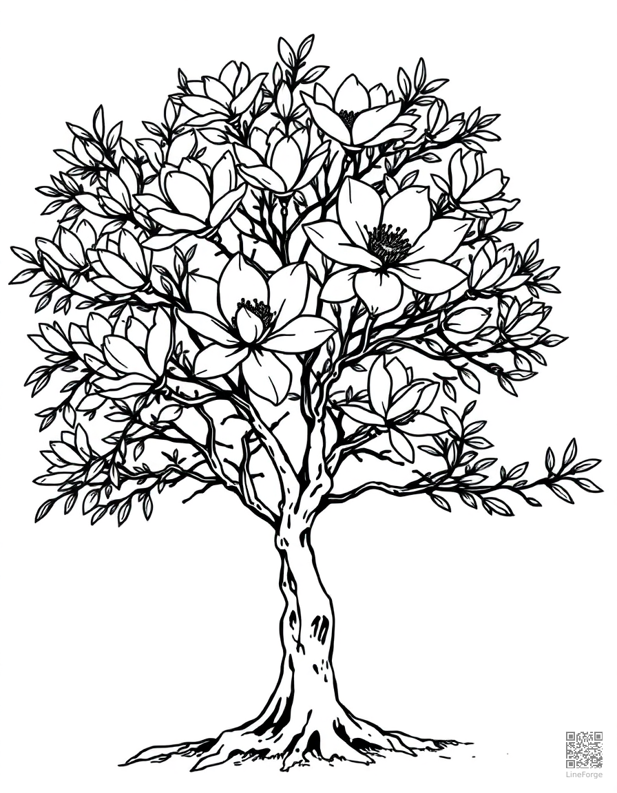 magnolia tree in full bloom coloring page Manga style - free printable