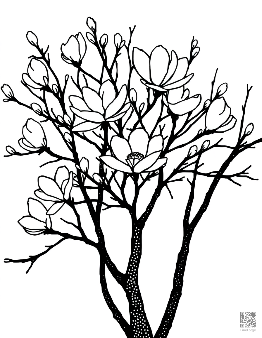 magnolia tree in full bloom coloring page Stipple style - free printable