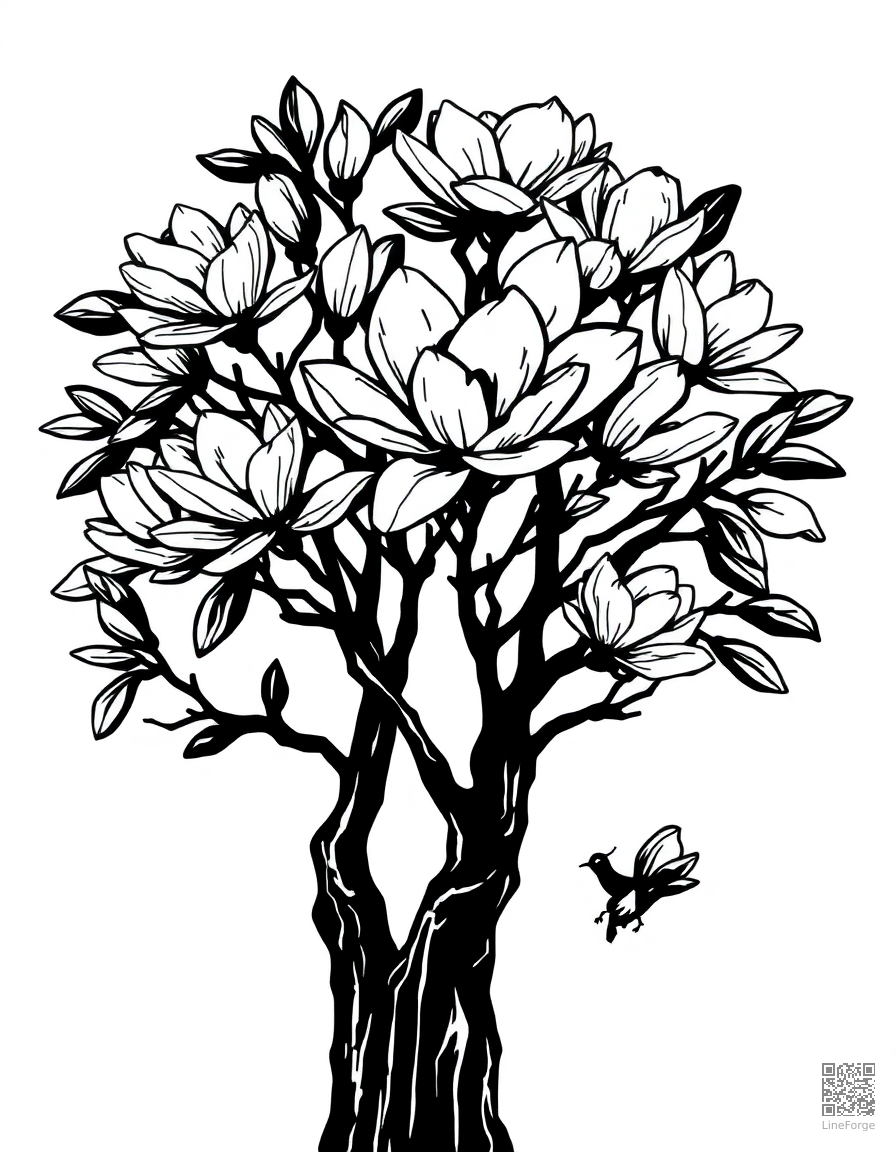 magnolia tree in full bloom coloring page Woodcut style - free printable