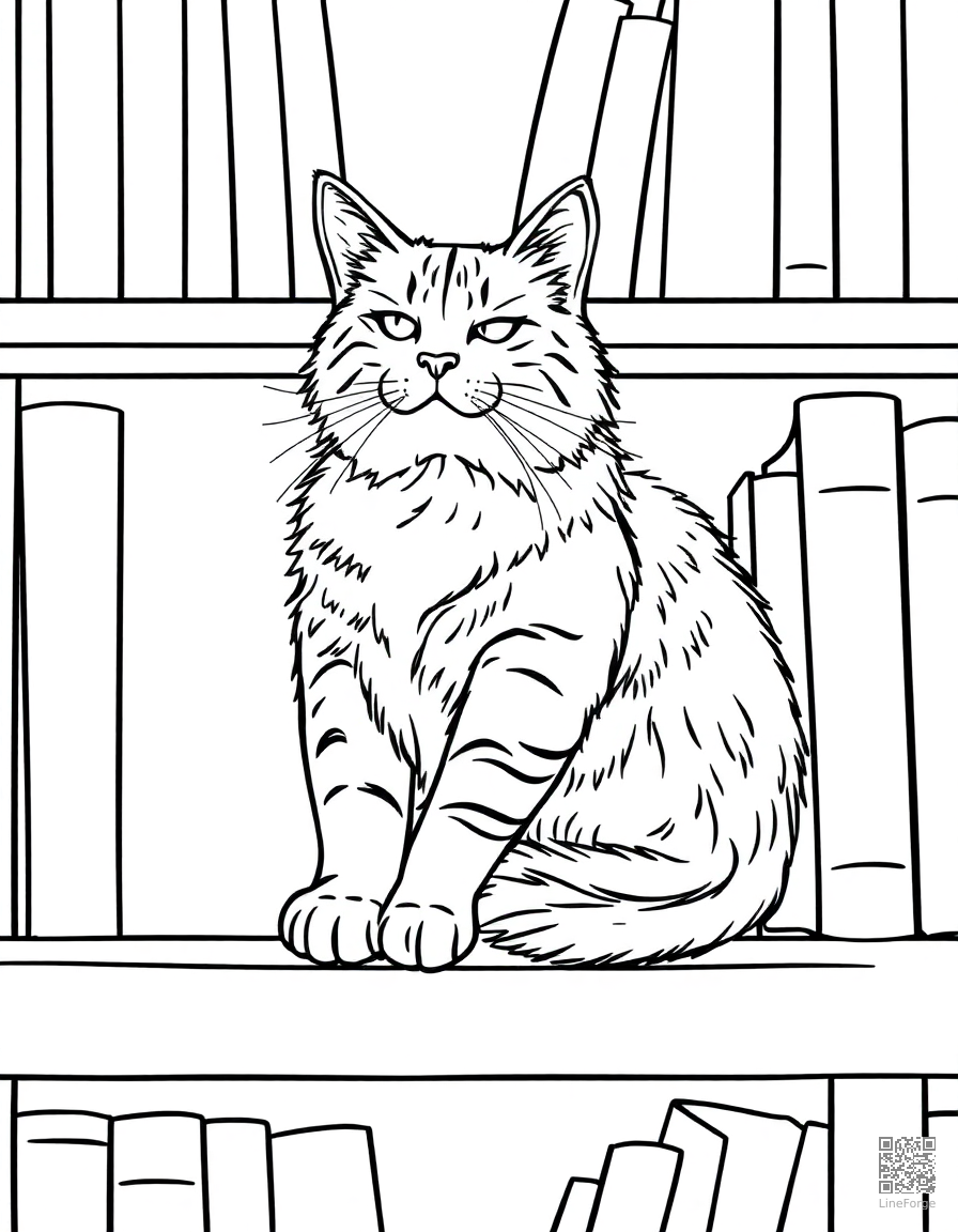 maine coon cat lounging on a bookshelf coloring page Contour style - free printable