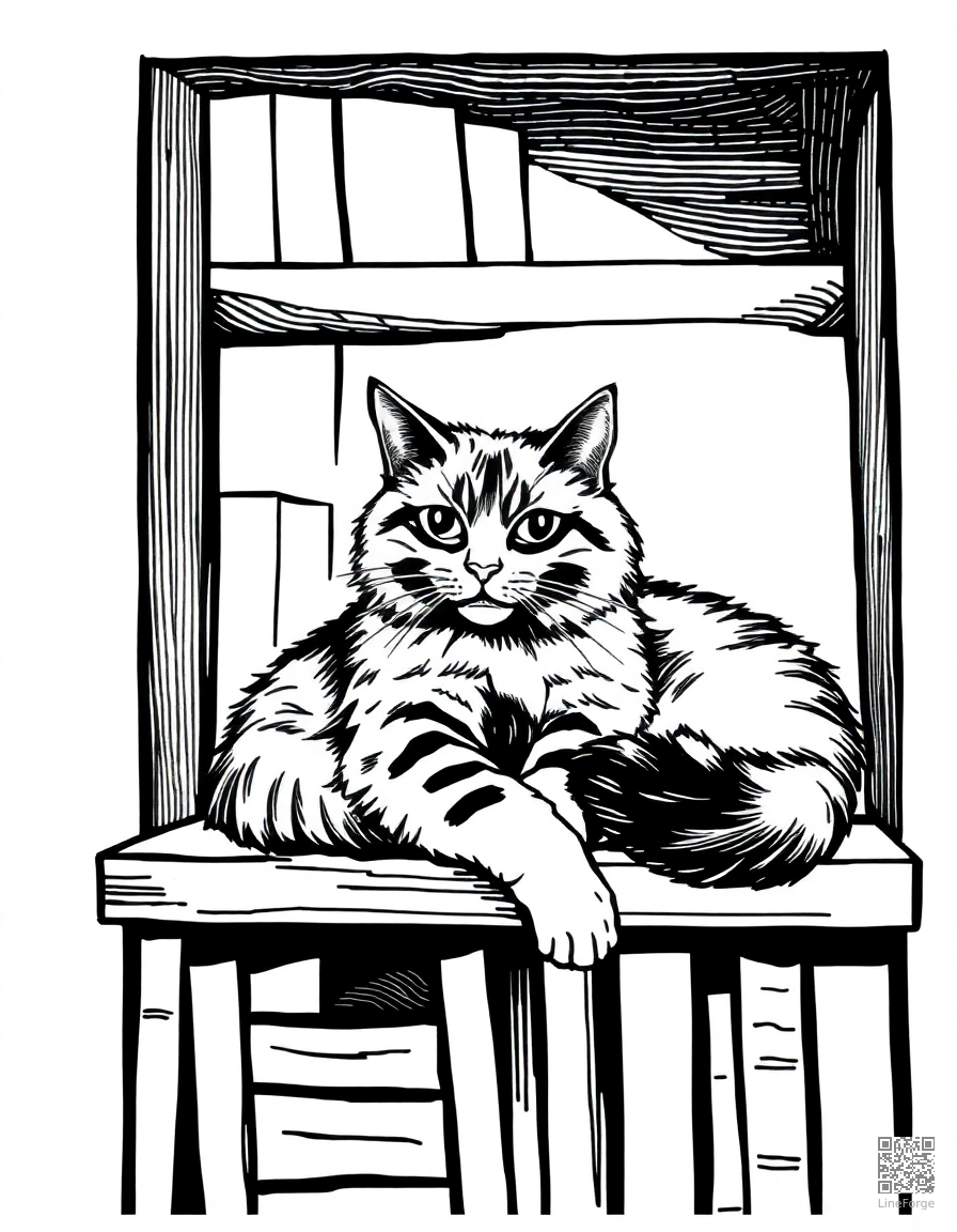 maine coon cat lounging on a bookshelf coloring page Crosshatch style - free printable