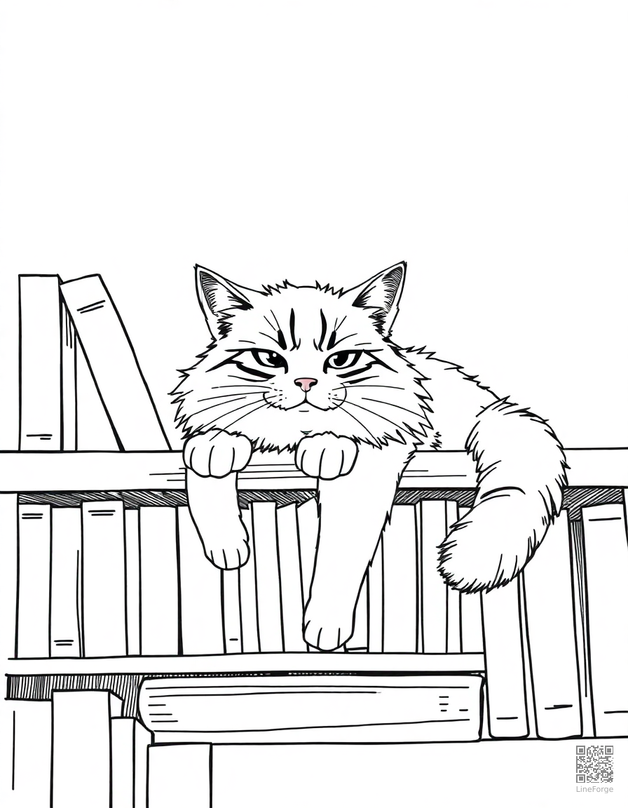 maine coon cat lounging on a bookshelf coloring page Manga style - free printable