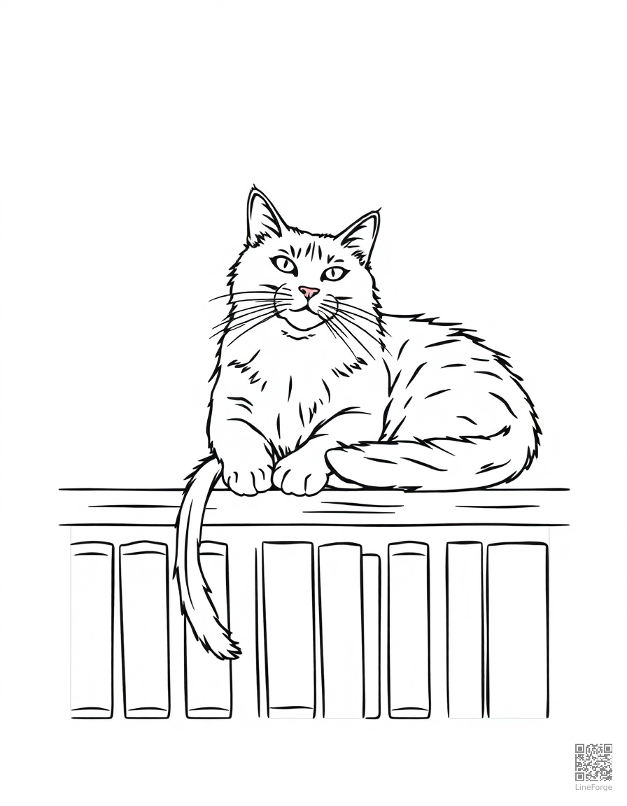 maine coon cat lounging on a bookshelf coloring page Minimal style - free printable