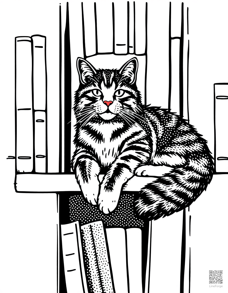 maine coon cat lounging on a bookshelf coloring page Stipple style - free printable