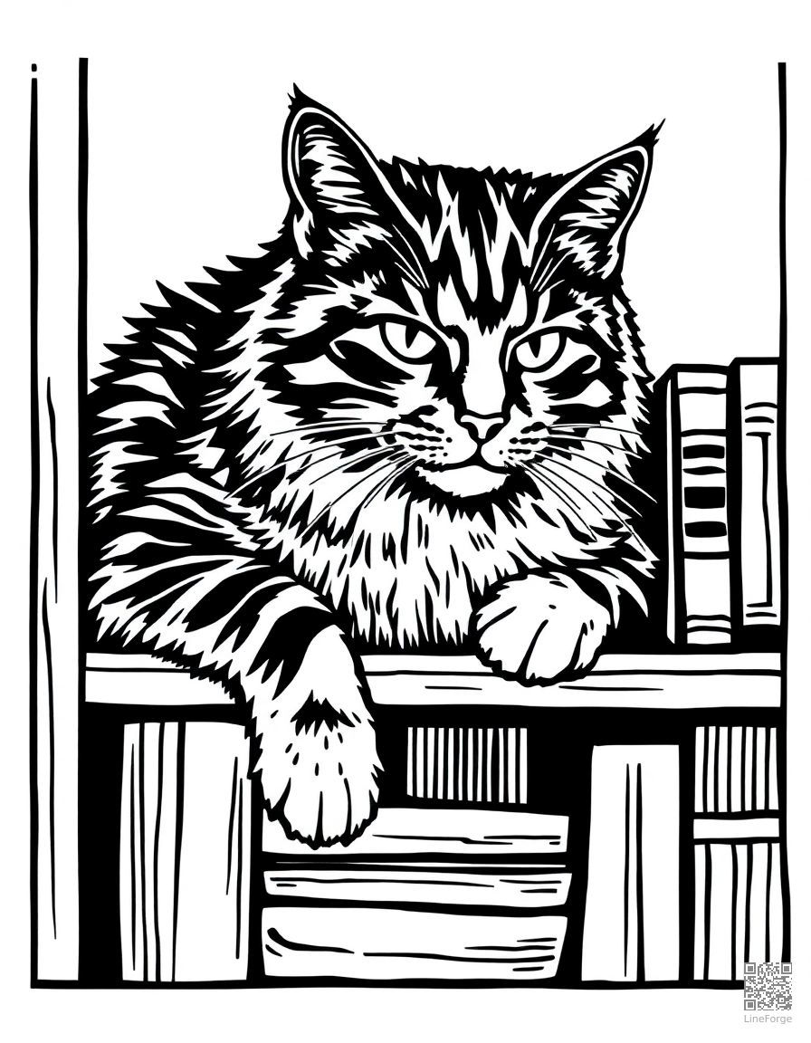 maine coon cat lounging on a bookshelf coloring page Woodcut style - free printable