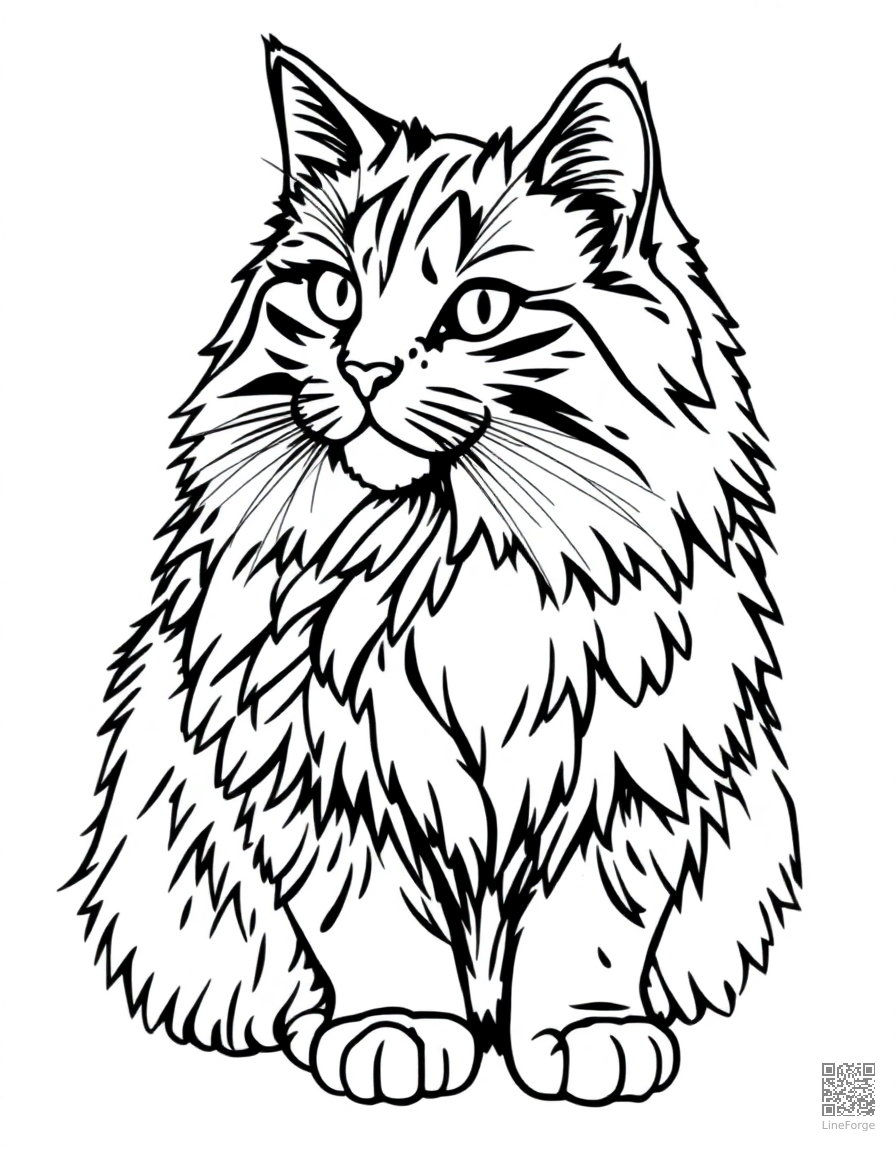 Maine Coon cat with fluffy fur coloring page Contour style - free printable