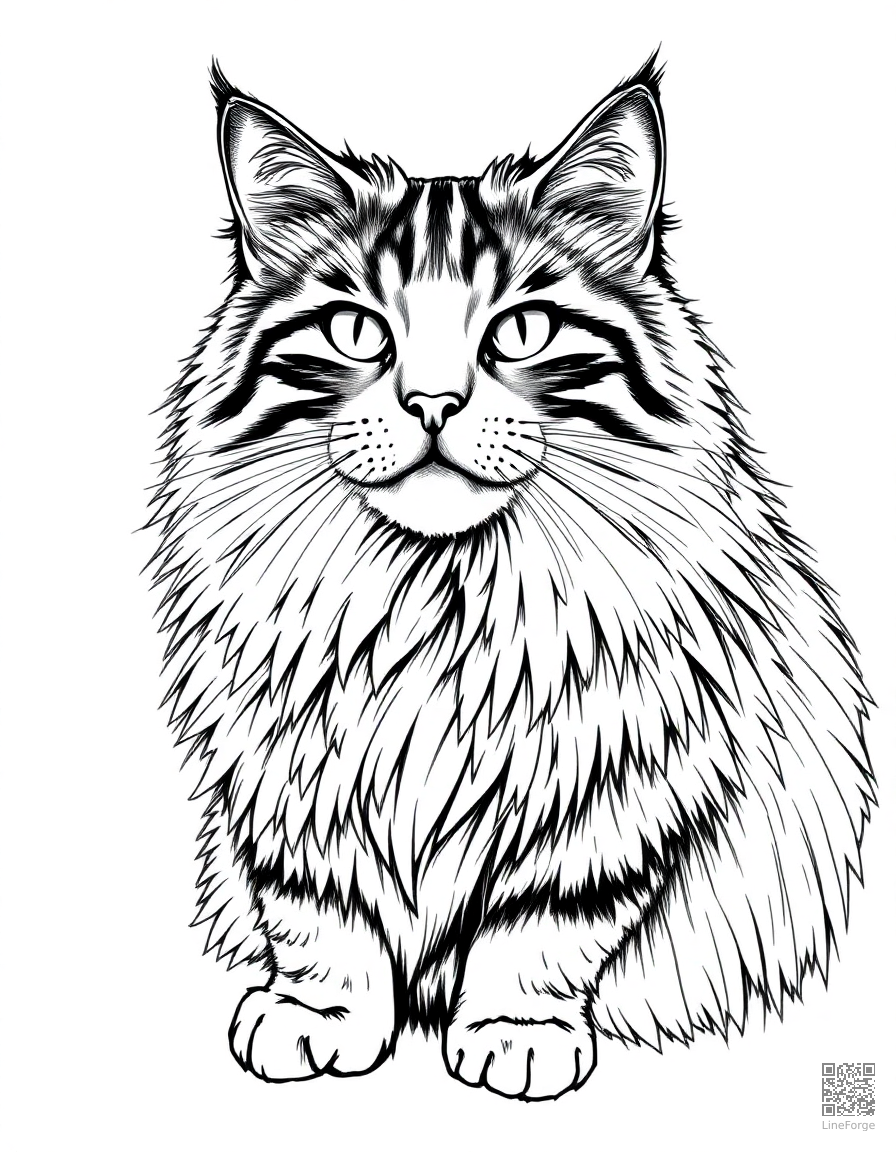 Maine Coon cat with fluffy fur coloring page Crosshatch style - free printable