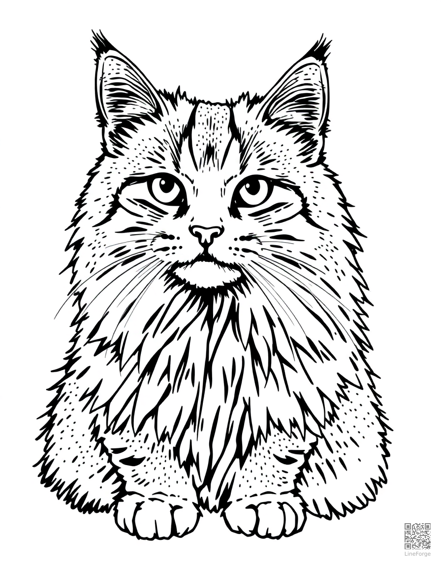 Maine Coon cat with fluffy fur coloring page Stipple style - free printable