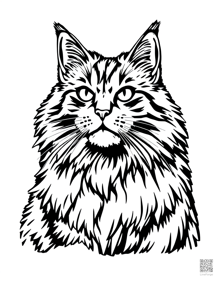 Maine Coon cat with fluffy fur coloring page Woodcut style - free printable
