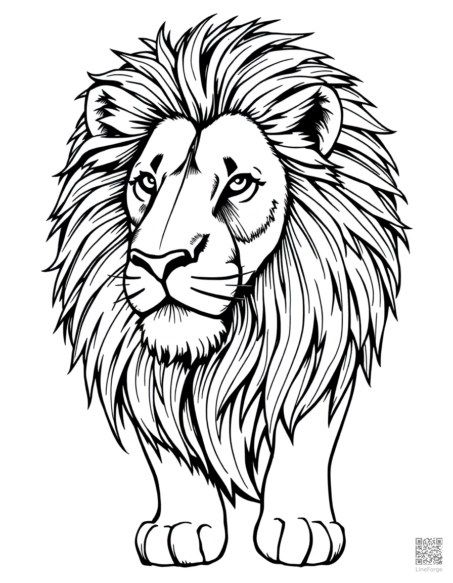 Majestic lion with flowing mane coloring page Crosshatch style - free printable