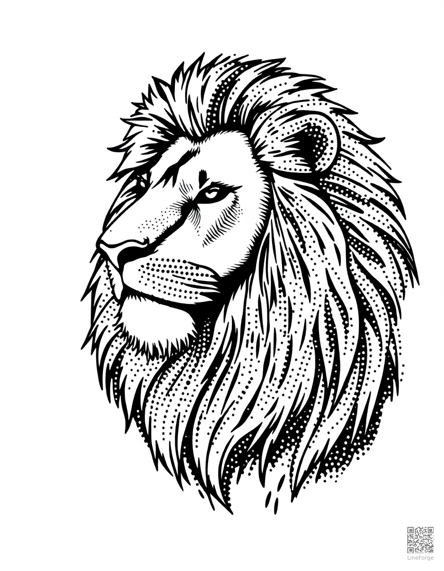 Majestic lion with flowing mane coloring page Stipple style - free printable