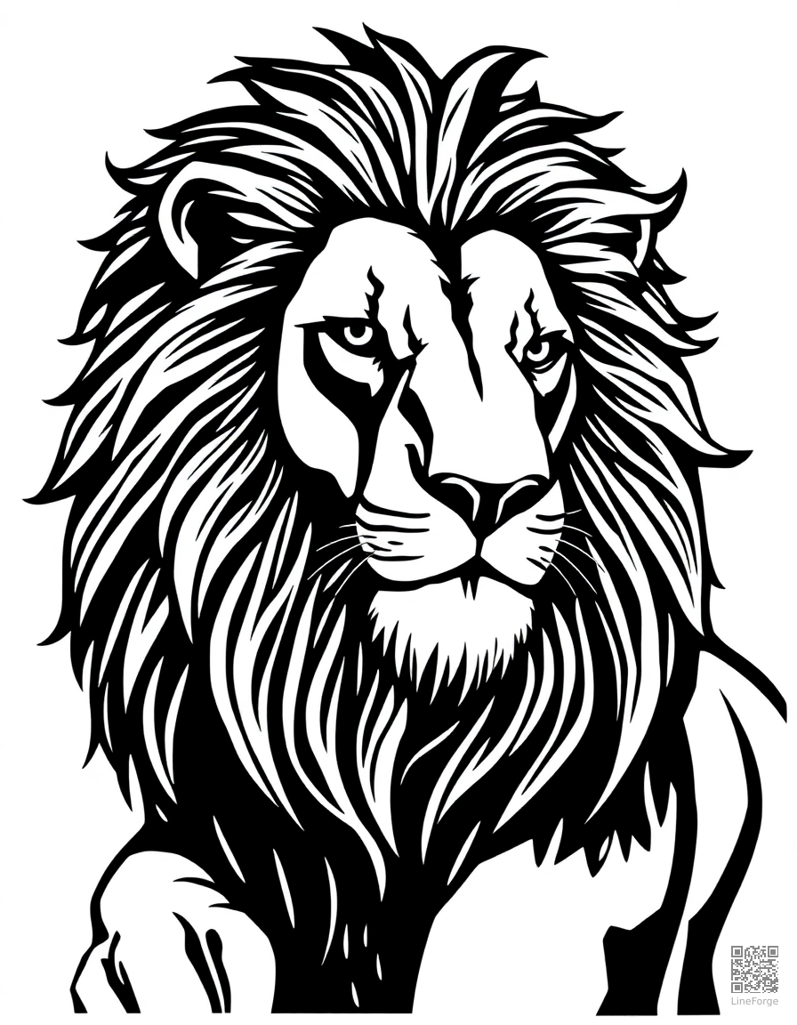 Majestic lion with flowing mane coloring page Woodcut style - free printable