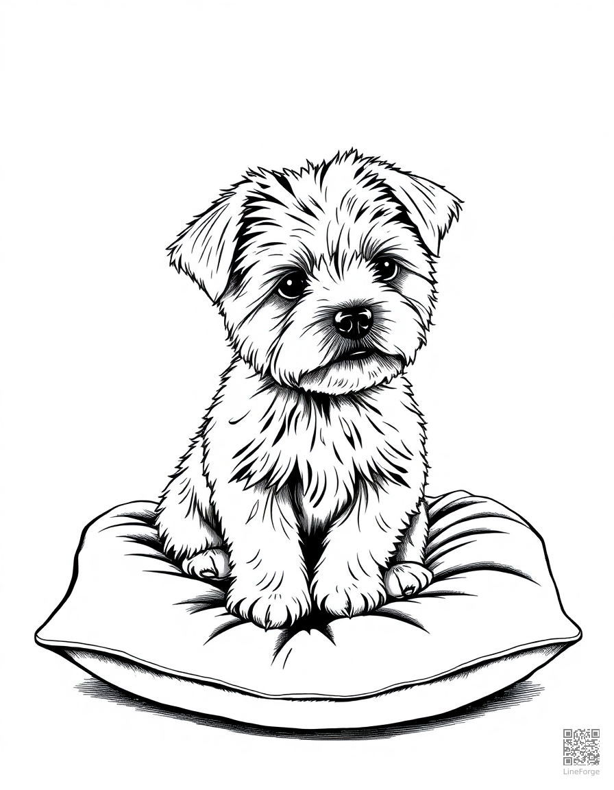 maltese puppy sitting on a velvet pillow coloring page Crosshatch style - free printable