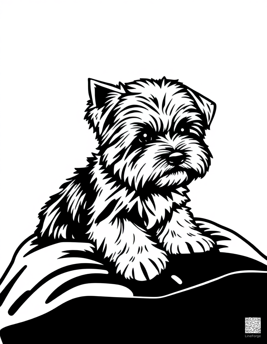 maltese puppy sitting on a velvet pillow coloring page Woodcut style - free printable