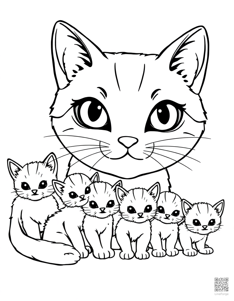 mama cat with a row of tiny kittens coloring page Contour style - free printable