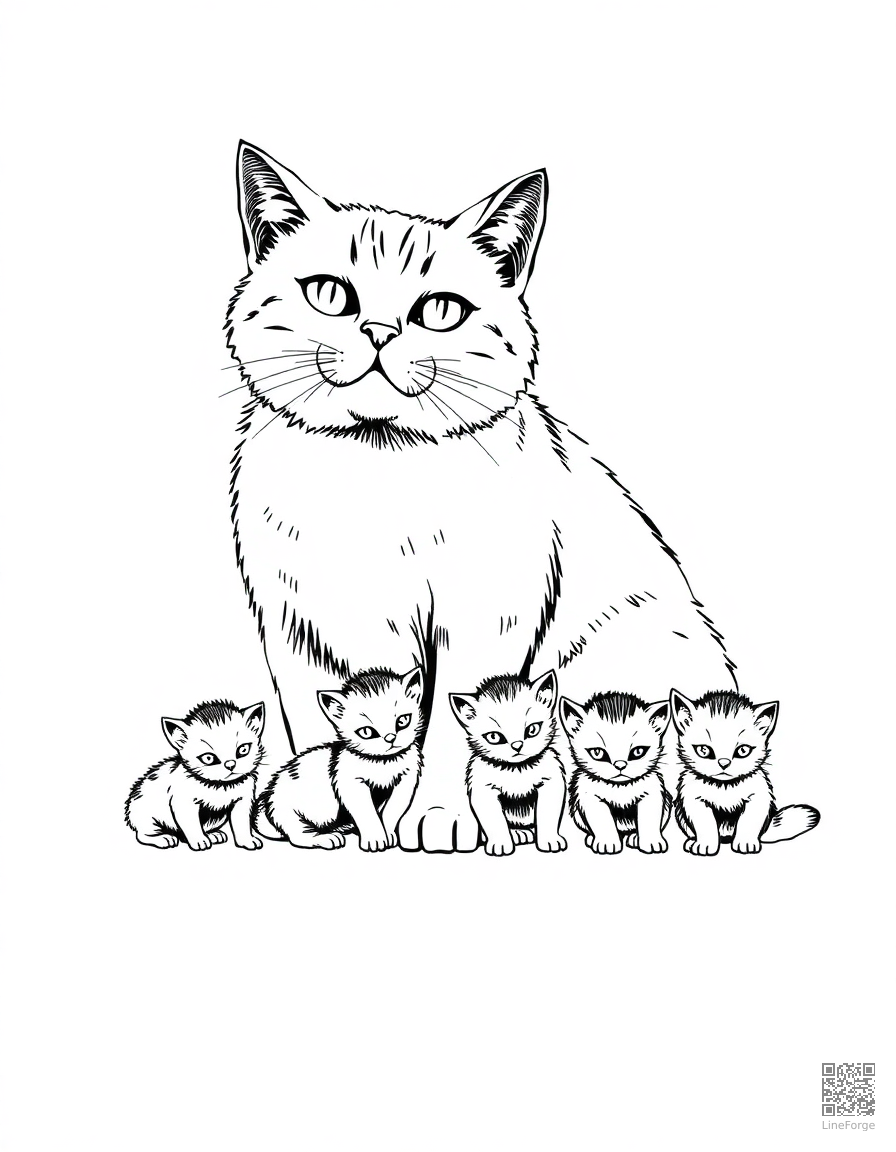 mama cat with a row of tiny kittens coloring page Crosshatch style - free printable