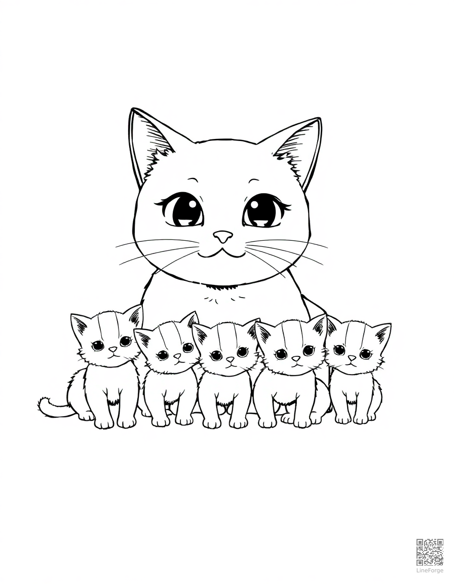 mama cat with a row of tiny kittens coloring page Manga style - free printable