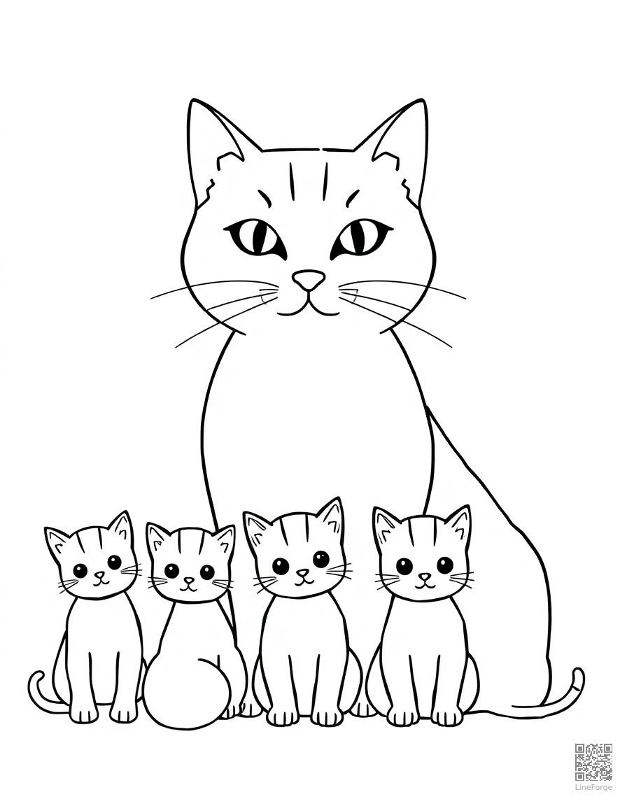 mama cat with a row of tiny kittens coloring page Minimal style - free printable