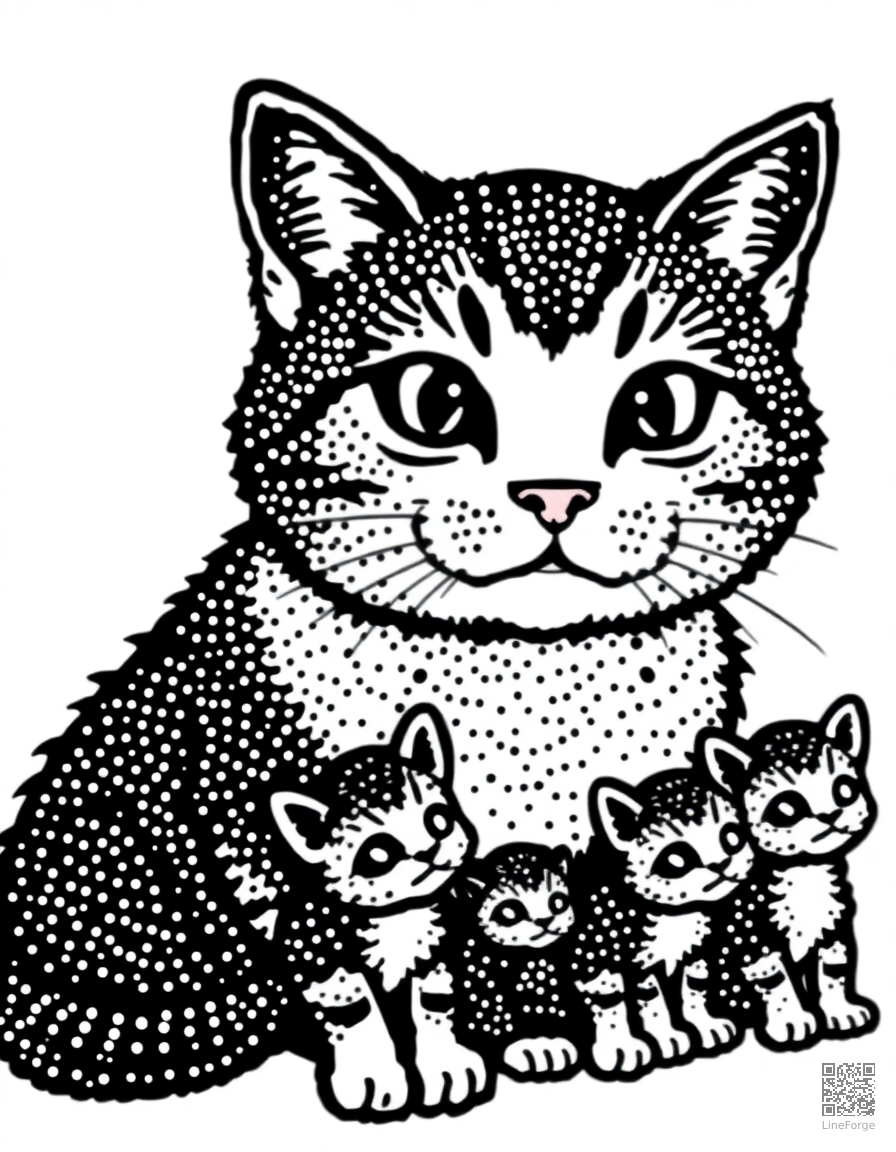 mama cat with a row of tiny kittens coloring page Stipple style - free printable