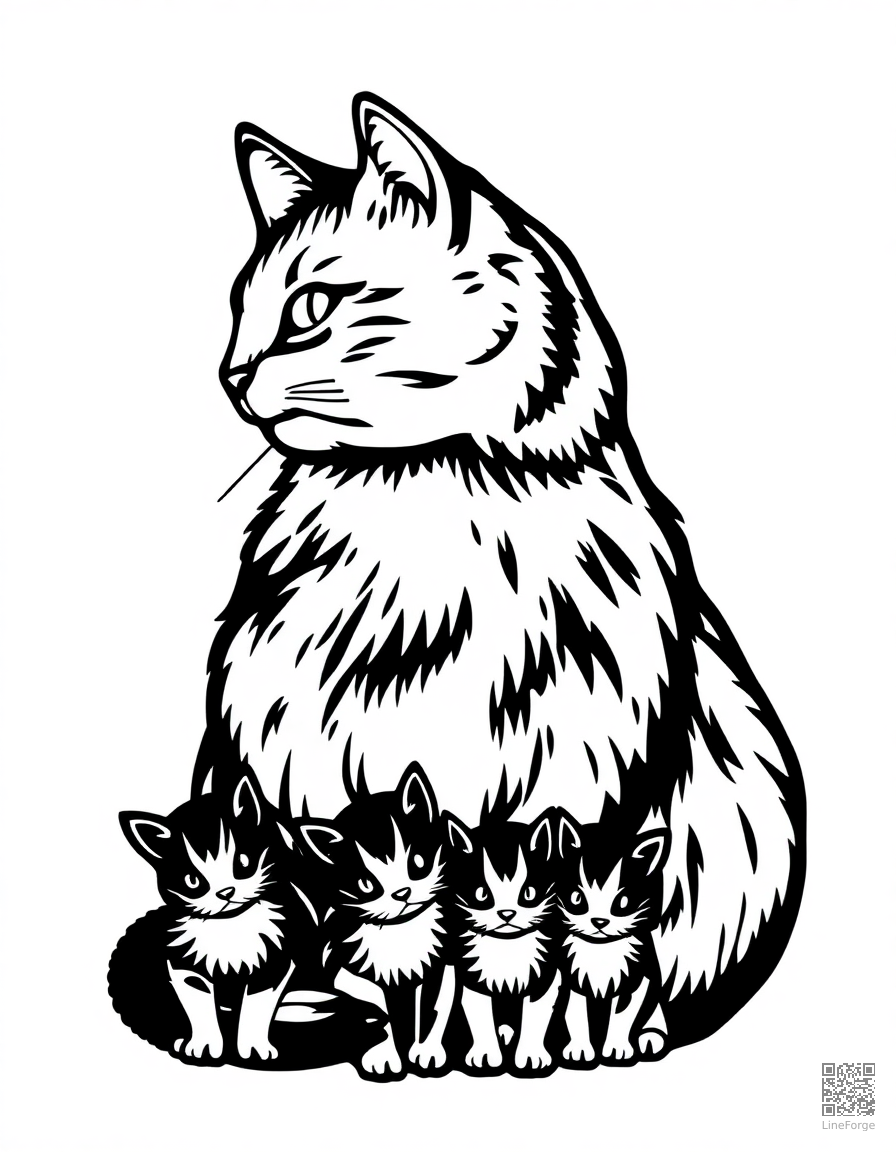 mama cat with a row of tiny kittens coloring page Woodcut style - free printable