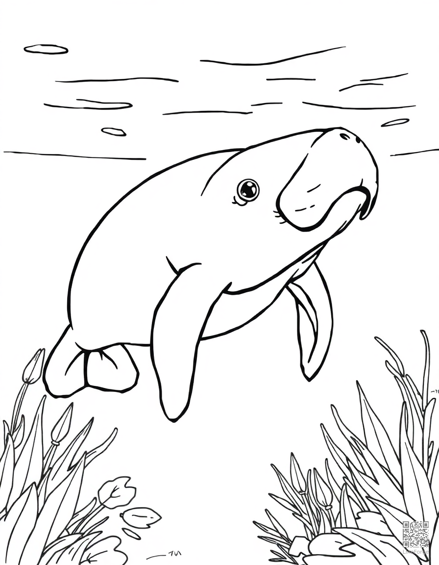 manatee swimming in a crystal clear spring coloring page Contour style - free printable