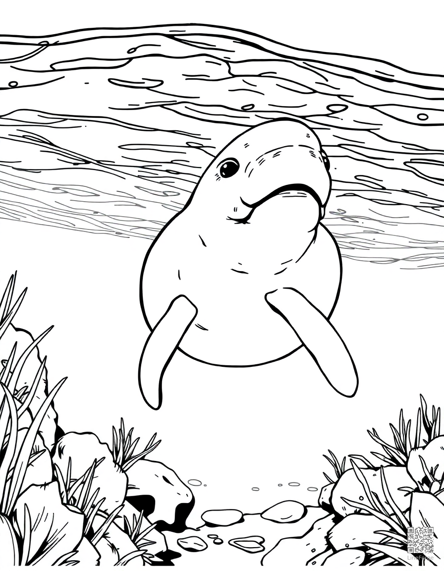 manatee swimming in a crystal clear spring coloring page Manga style - free printable