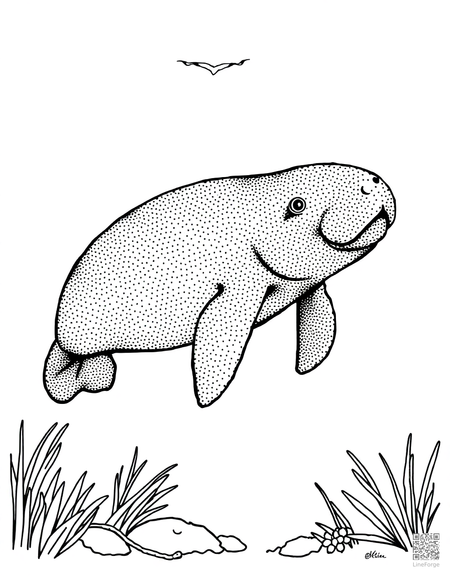 manatee swimming in a crystal clear spring coloring page Stipple style - free printable