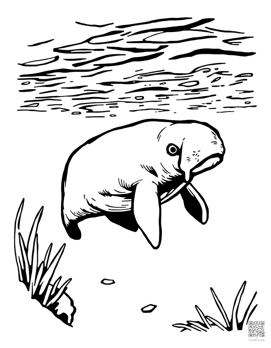 manatee swimming in a crystal clear spring coloring page Woodcut style - free printable