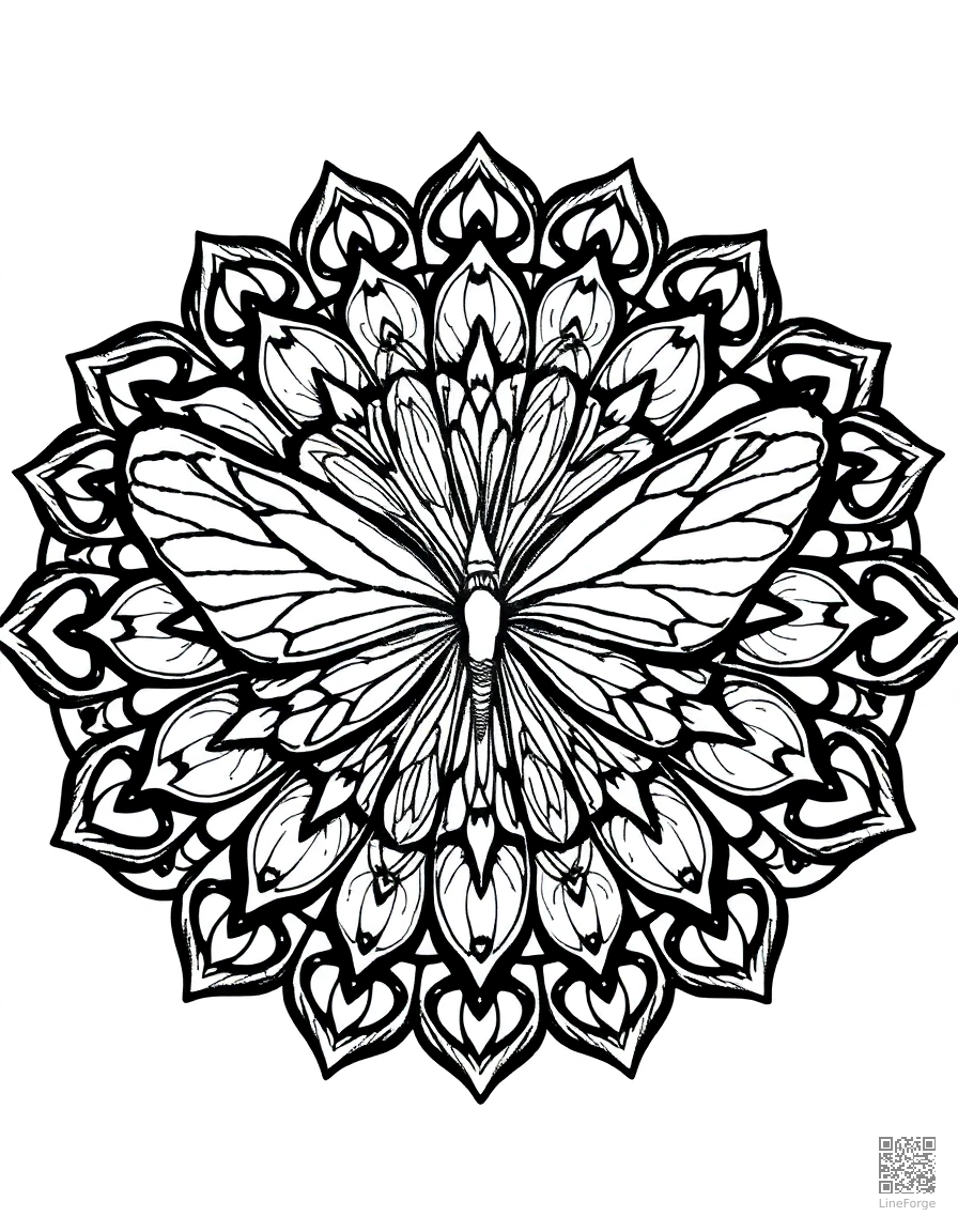 mandala with butterfly wing designs coloring page Crosshatch style - free printable