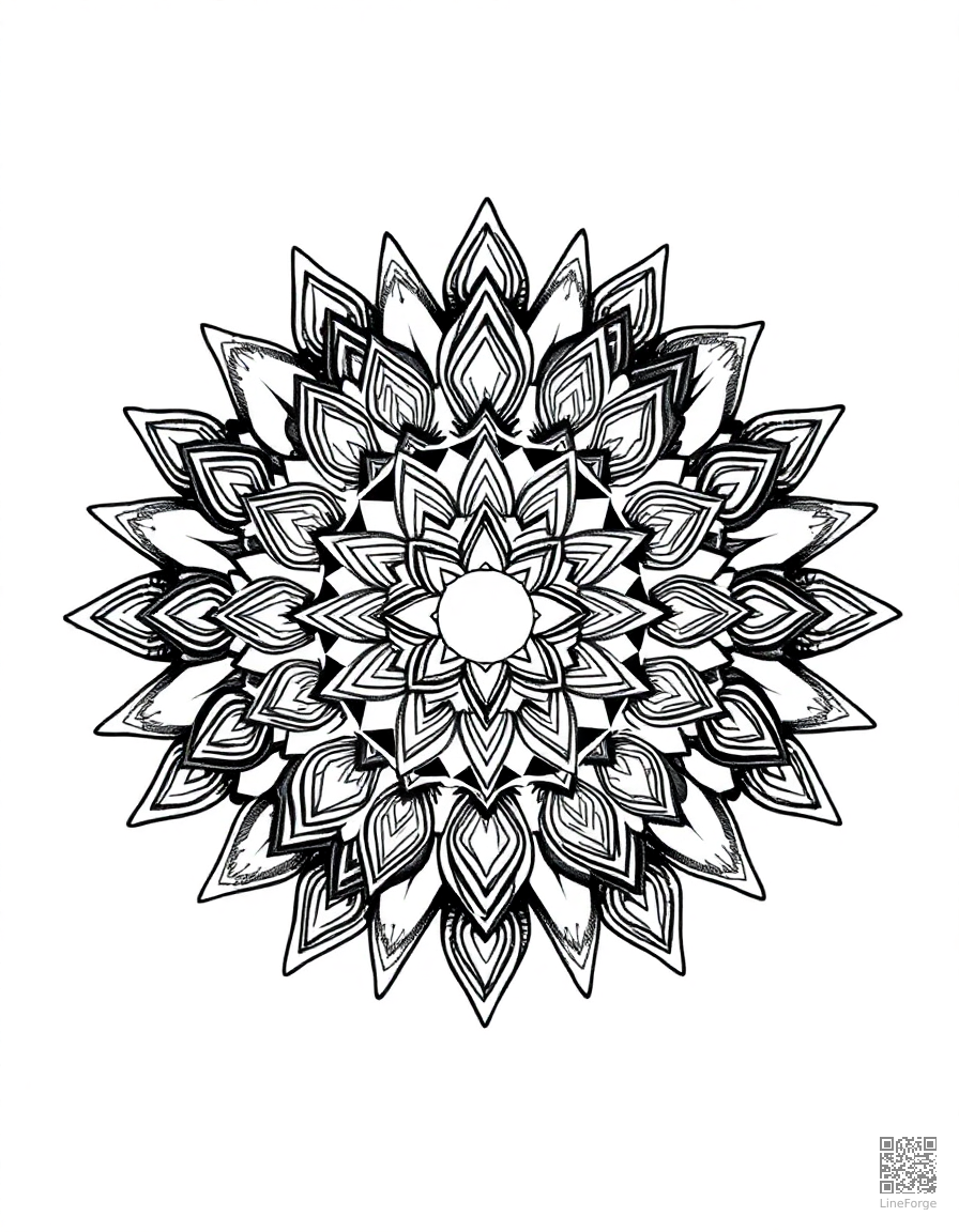 mandala with crystal and gemstone shapes coloring page Crosshatch style - free printable